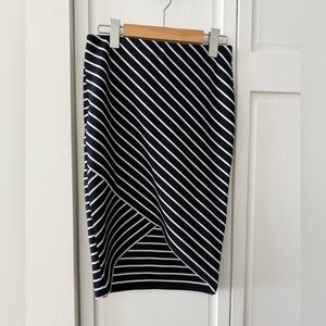 Zara Navy & White Striped Pencil Skirt Wrap Hem Stretch Size S